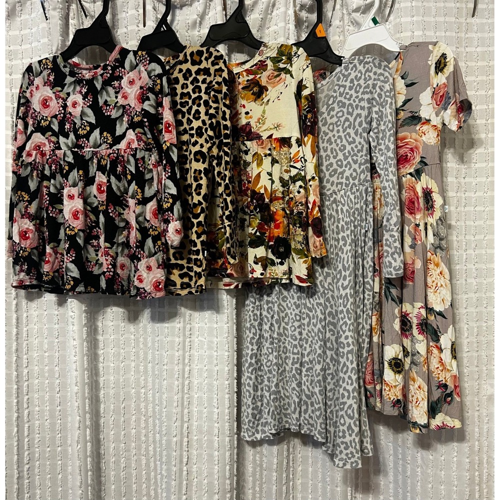 Posh Peanut Girls Bundle Floral Leopard Peplum Tops and Dresses Lot 5pc